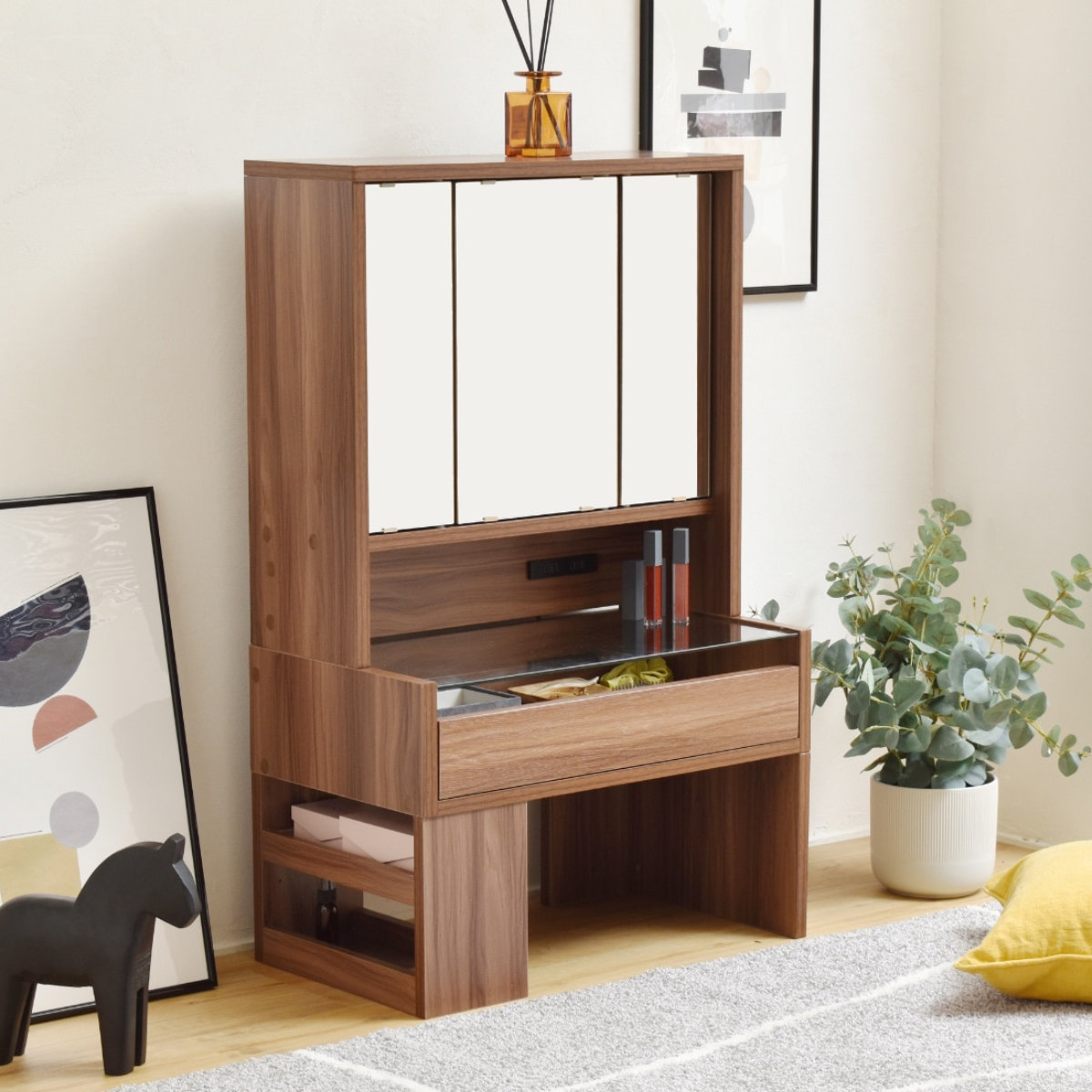 ドレッサー ロータイプ 高さ97.5cm 三面鏡 ガラステーブル （ テーブル