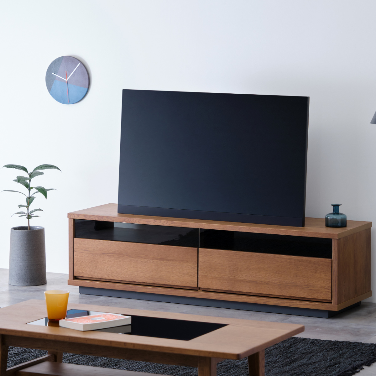 一生紀（ISSEIKI） テレビ台 ローボード 突板仕上げ ブラックガラス