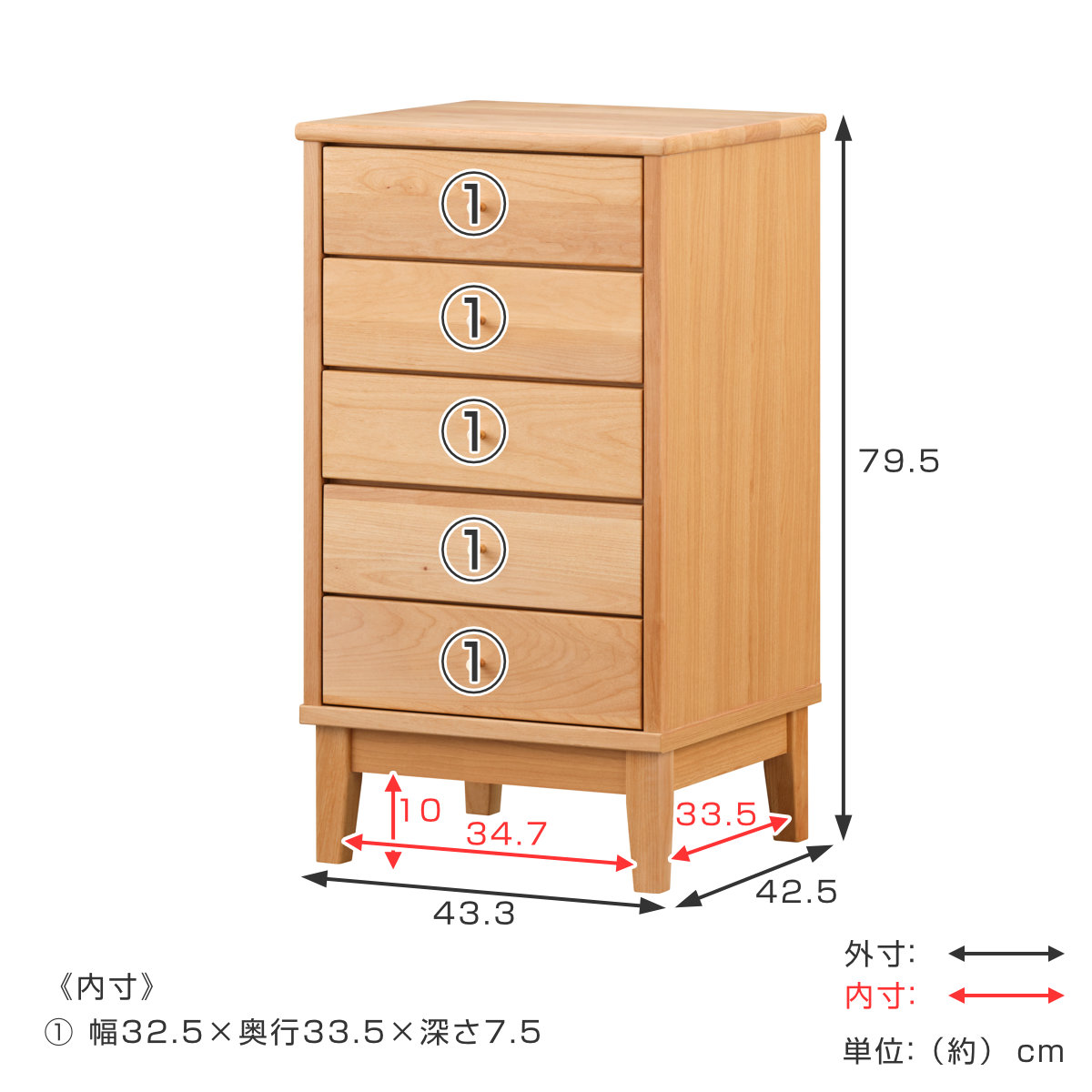 一生紀（ISSEIKI） チェスト 5段 北欧風 アルダー材 FORTO 約幅43cm