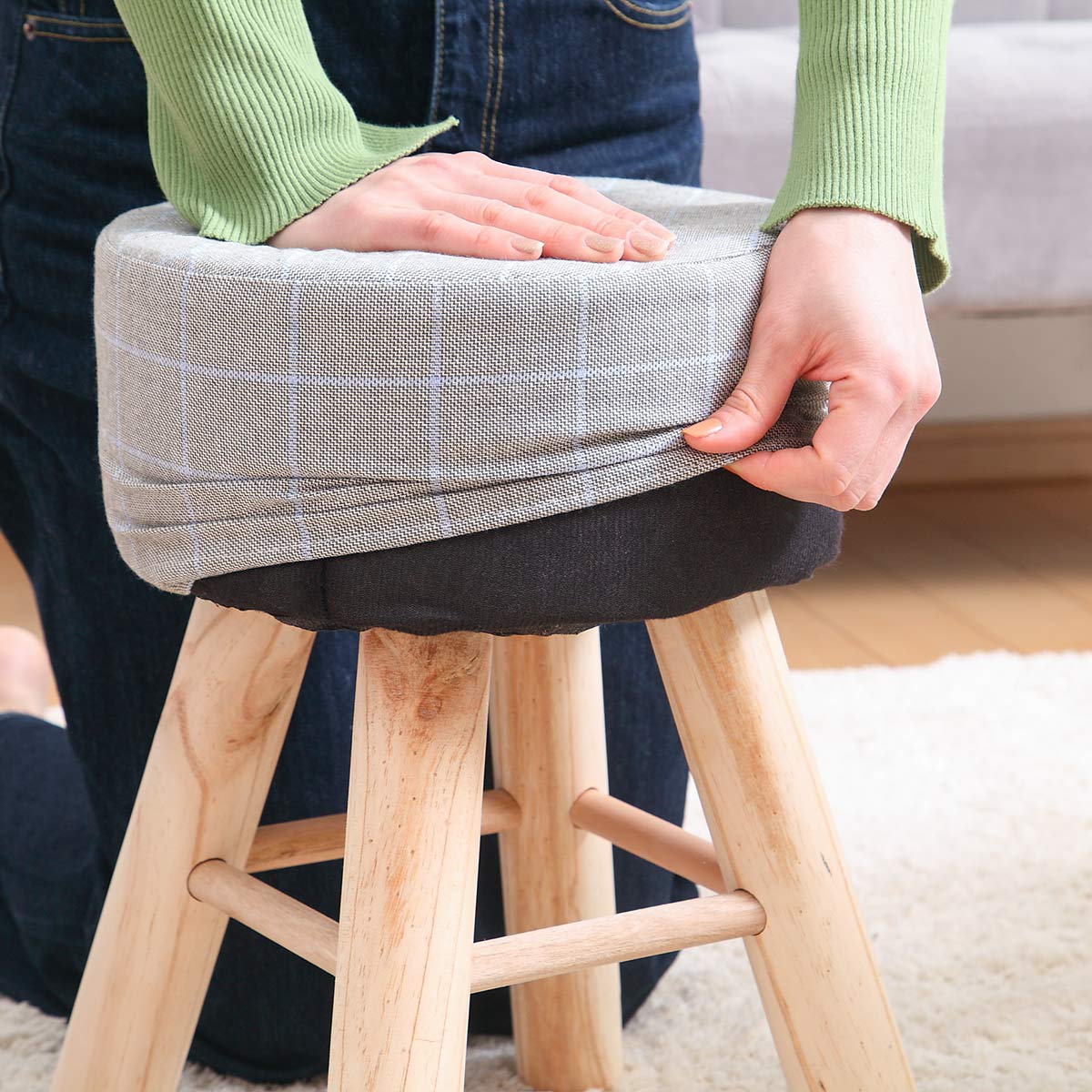 スツール 高さ42cm 円形 カバー付き 木製 （ 丸 椅子 ダイニング