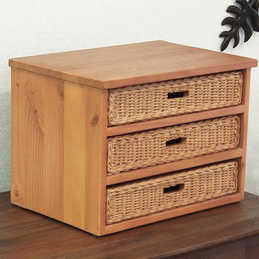 ミニチェスト 3段 A4収納 籐飾り引出し 幅38cm （ 収納ボックス 小物