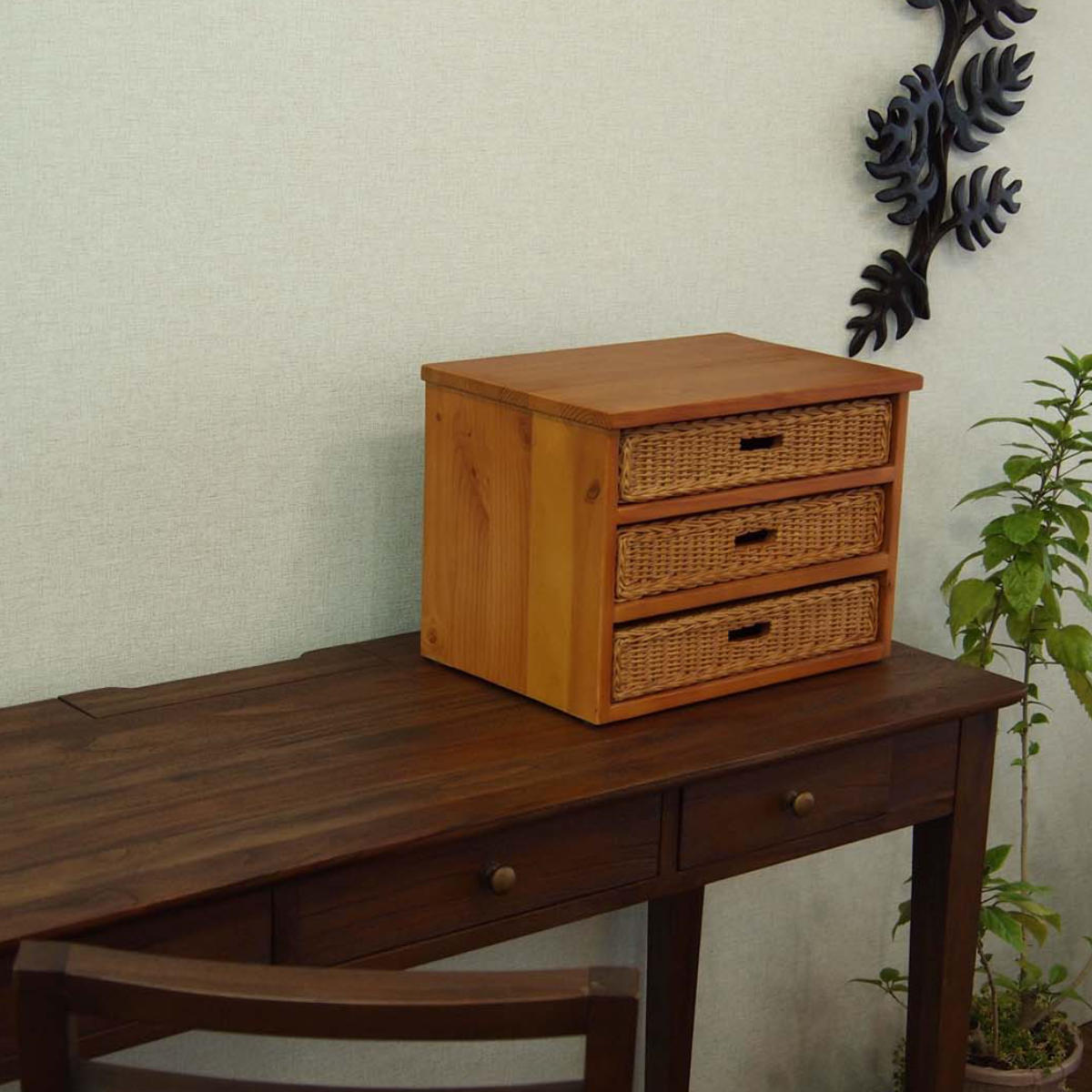 ミニチェスト 3段 A4収納 籐飾り引出し 幅38cm （ 収納ボックス 小物