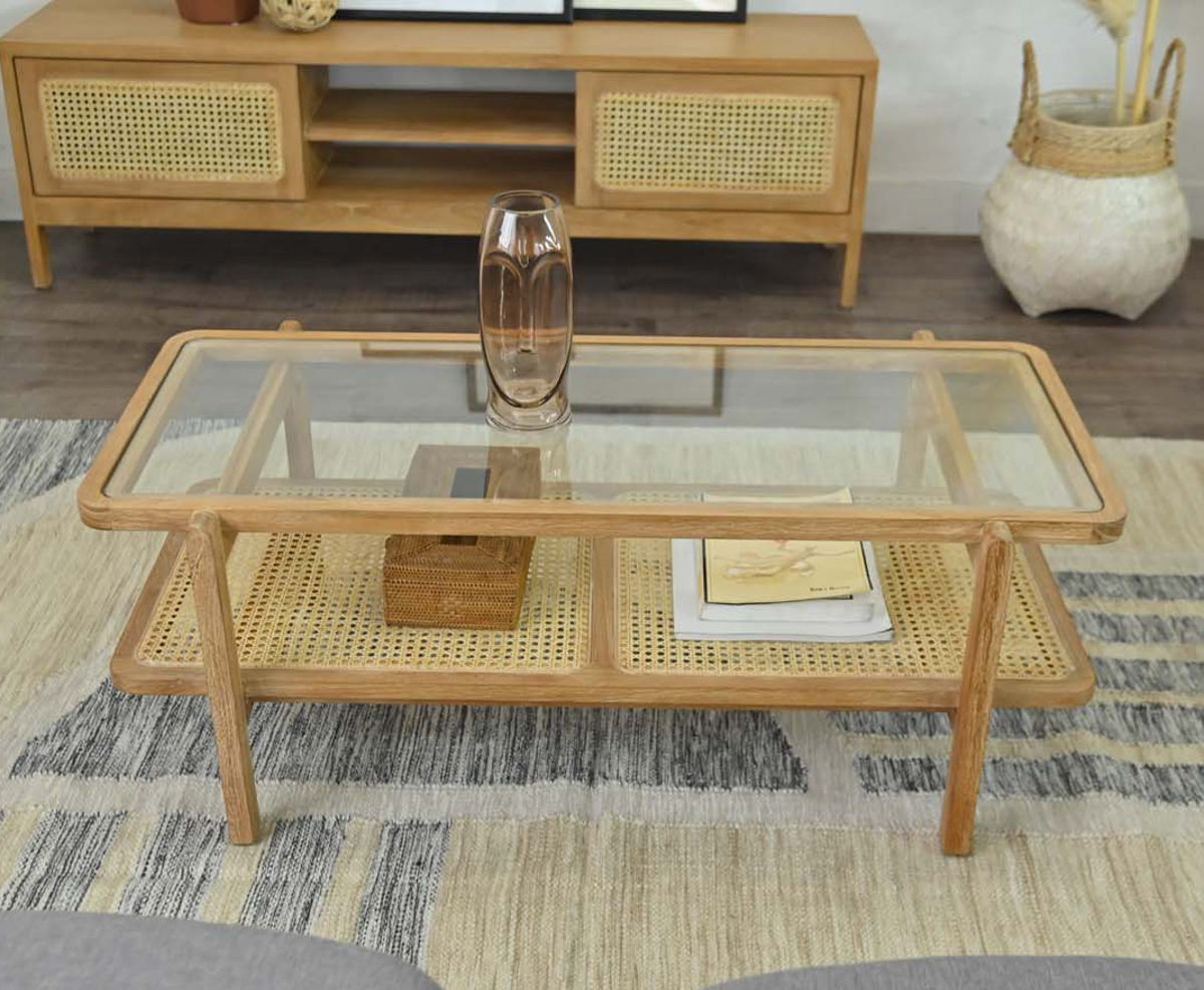 センターテーブル ラタン チーク無垢材 KAGOME 100cm幅 （ ロー