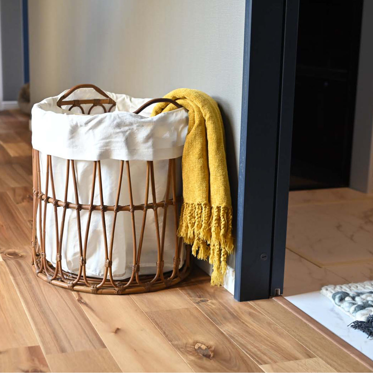 ランドリーバスケット ラタンフレーム 直径40cm （ 洗濯かご カゴ