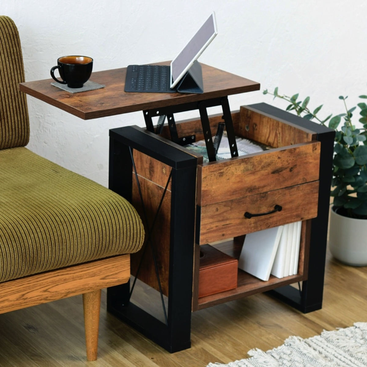 サイドテーブル 昇降式 高さ52.5〜64.5cm ヴィンテージ調 スチール