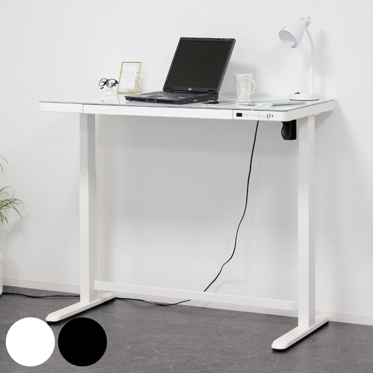 ホワイト パソコンデスク 高さ調整可能 電動昇降式デスク 幅120cm メモリー機能付 ガラス天板 引き出し