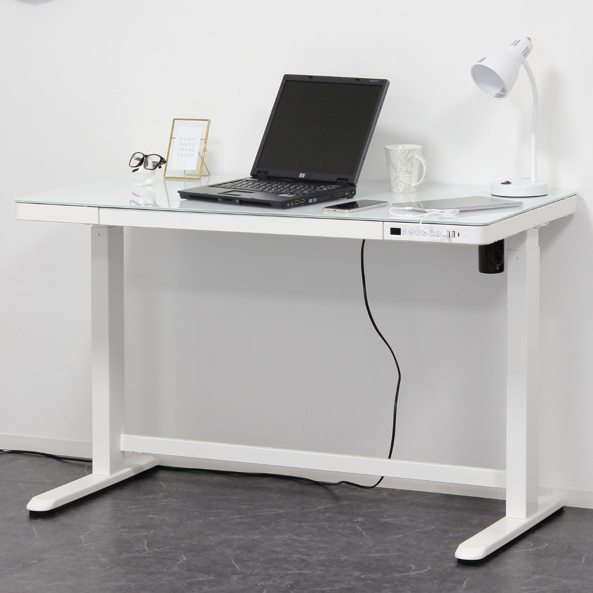 電動昇降式デスク 幅120cm メモリー機能付 ガラス天板 引き出し