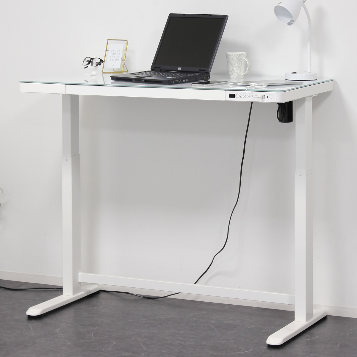 電動昇降式デスク 幅120cm メモリー機能付 ガラス天板 引き出し