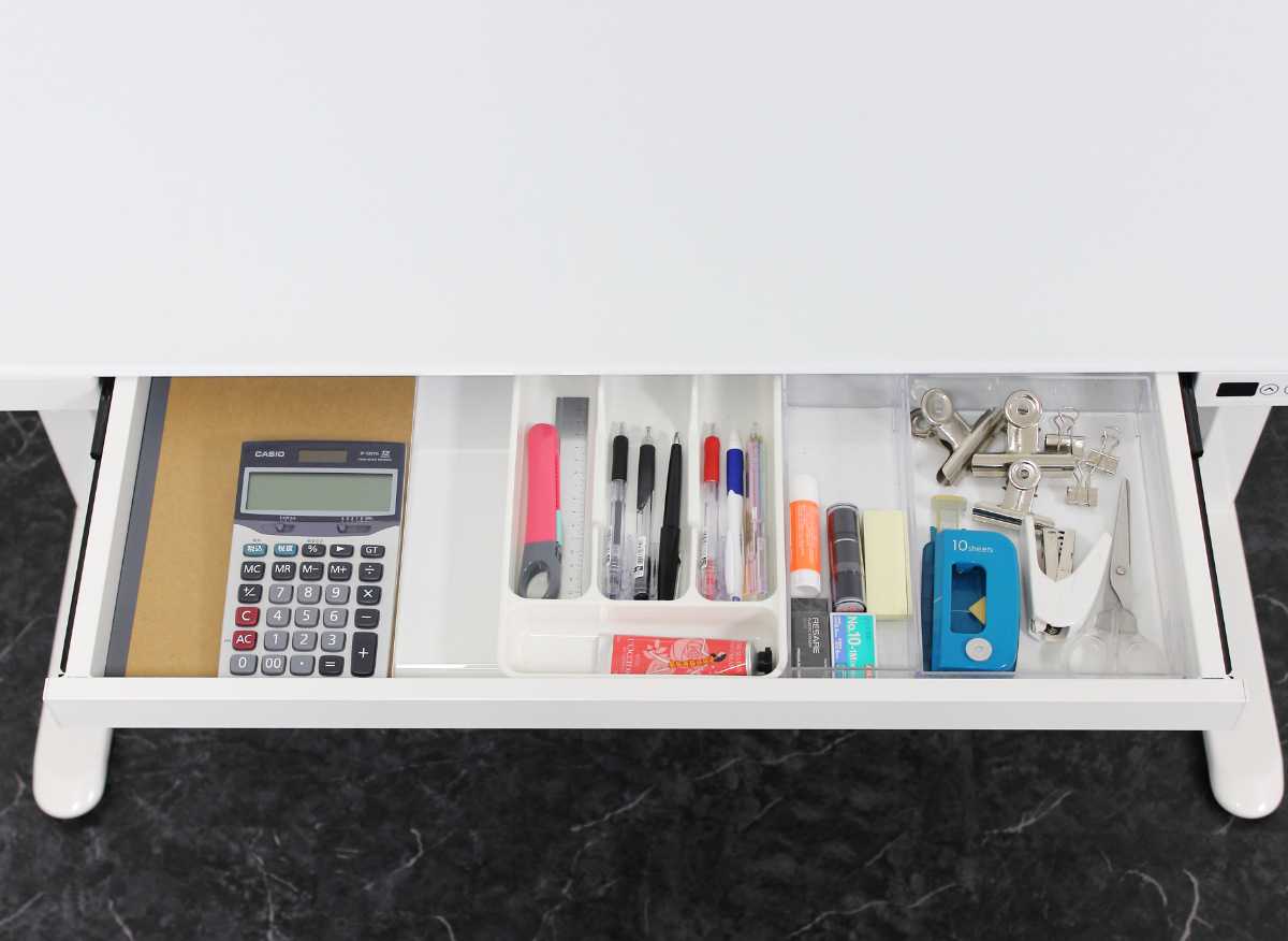 電動昇降式デスク 幅120cm メモリー機能付 ガラス天板 引き出し