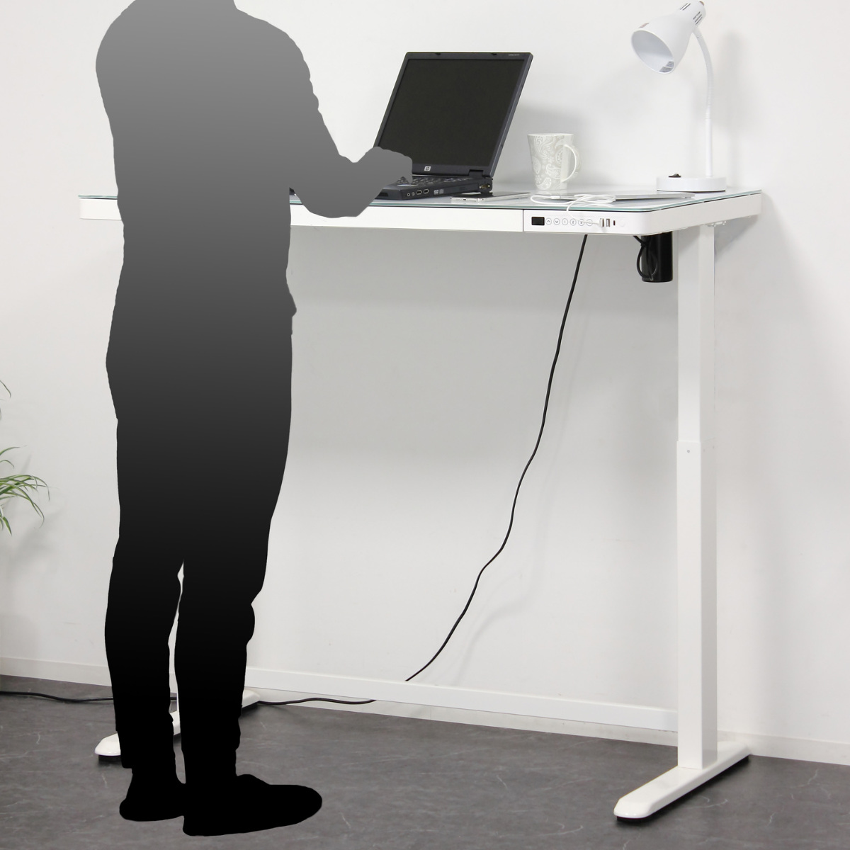 電動昇降式デスク 幅120cm メモリー機能付 ガラス天板 引き出し