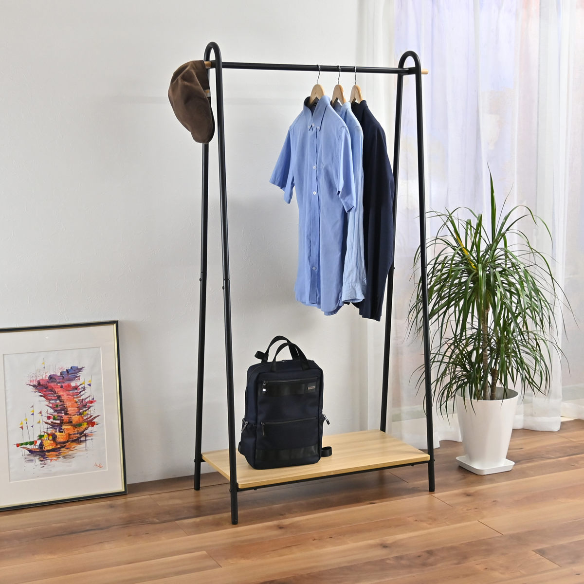 フクダクラフト ハンガーラック 棚付 A型 スチールフレーム 幅92cm