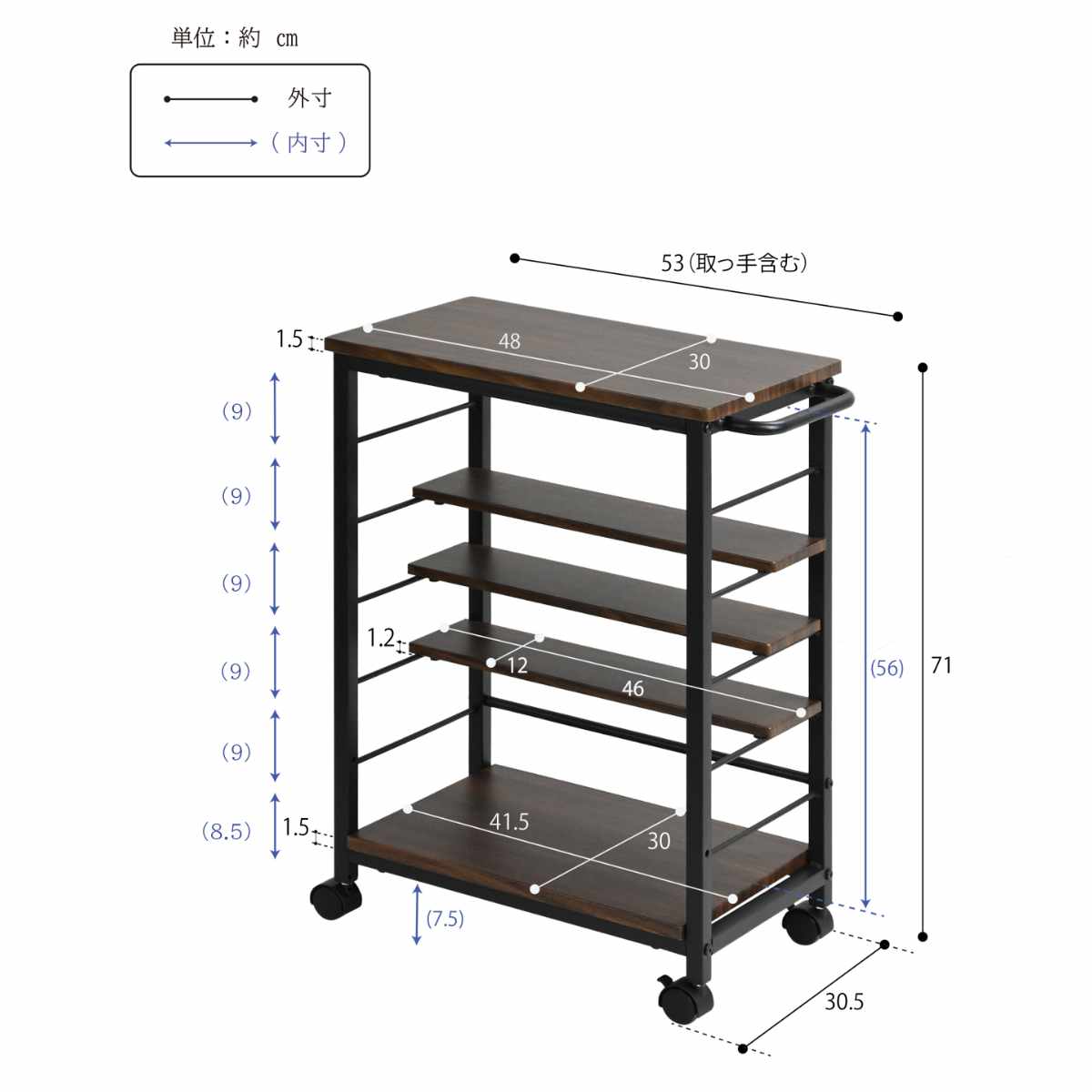 フクダクラフト キッチンワゴン スチールフレーム 幅53cm （ キッチン