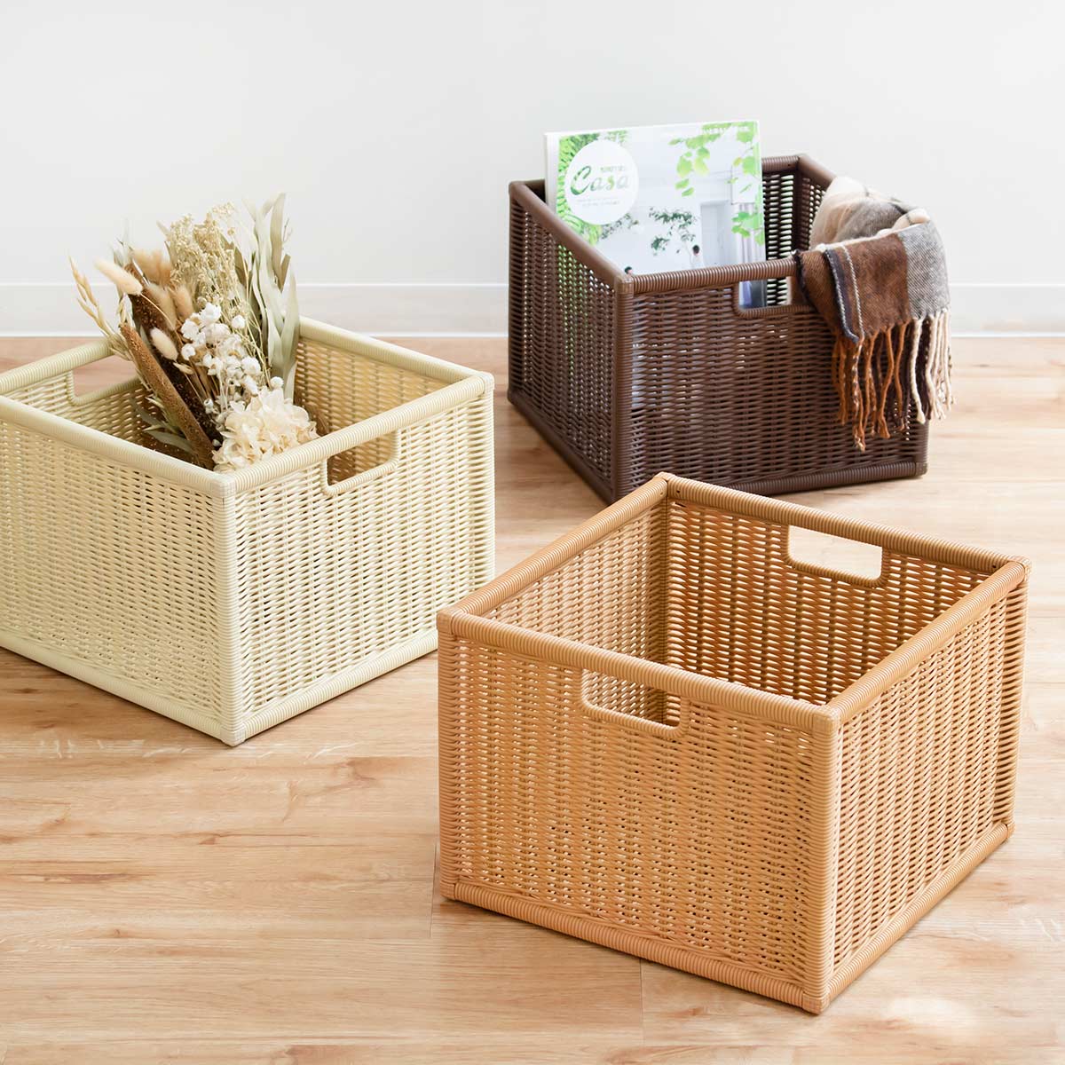 ラタン製 3段収納バスケット ラタン風収納ボックス 3個セット 組み立て式 （ バスケット かご カゴ