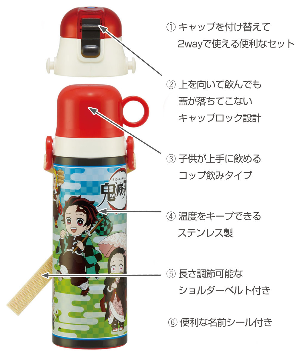 水筒 キッズ 580ml 2way 直飲み コップ ステンレス 鬼滅の刃 任務行脚