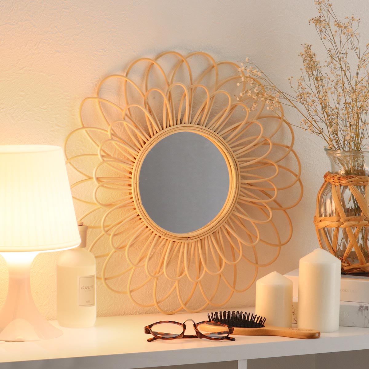ラタンフラワーミラー 直径43cm 鏡 壁掛け （ ミラー ウォールミラー