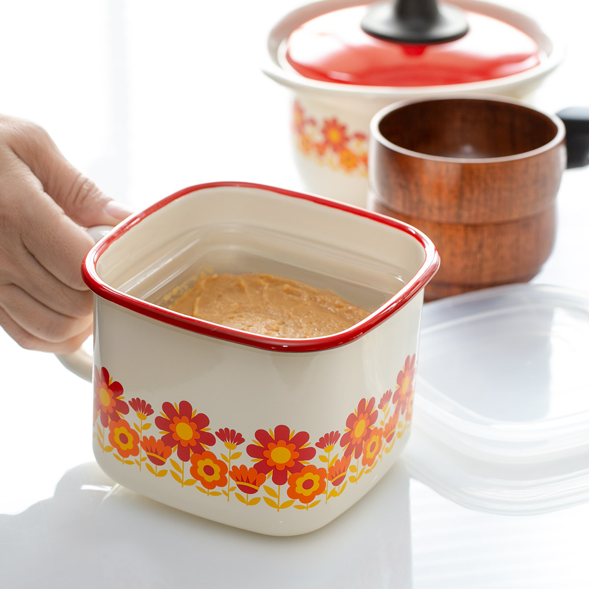 富士ホーロー 保存容器 1.5L メモリーズ 角型みそポット サンフラワー