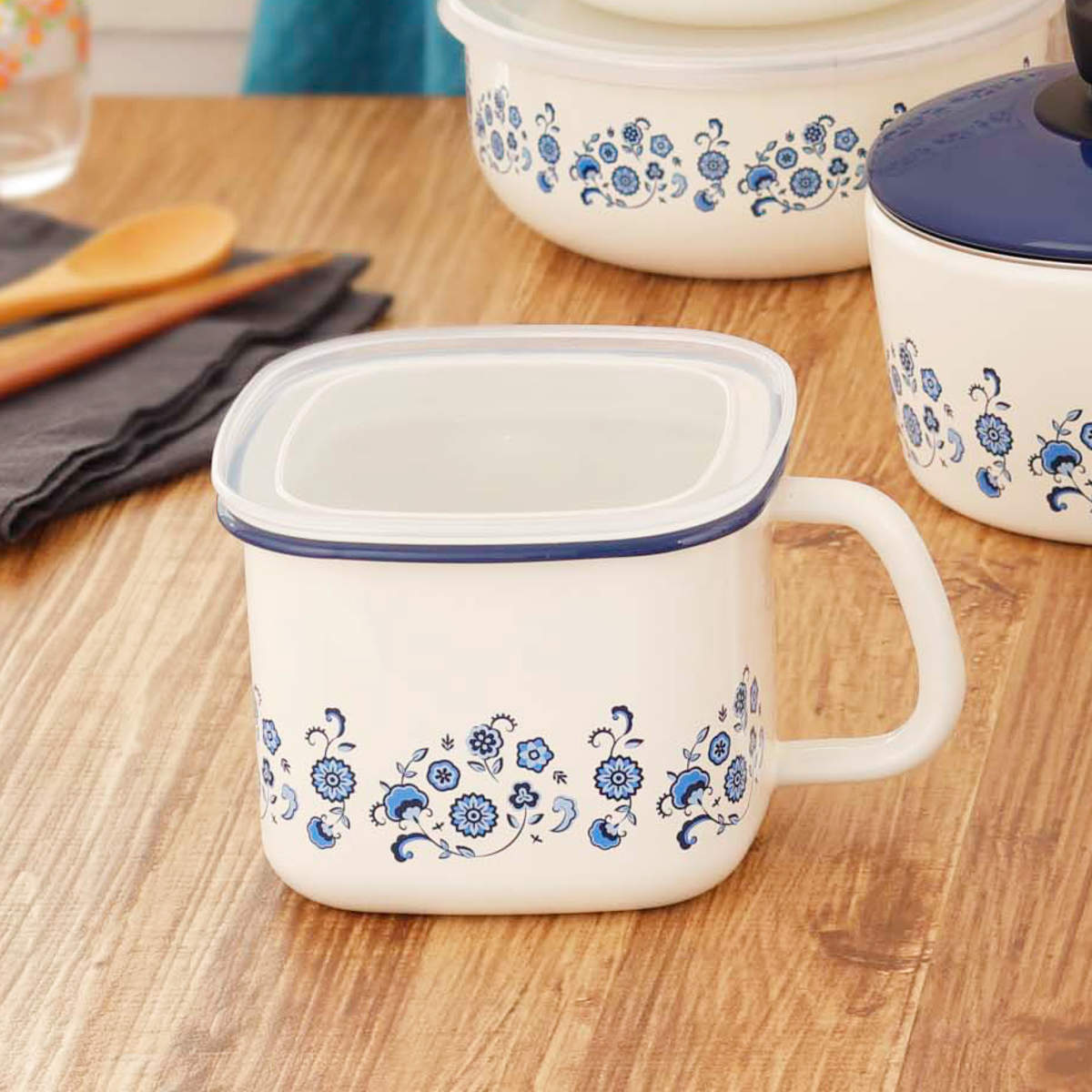 富士ホーロー 保存容器 1.5L メモリーズ 角型みそポット ブルー