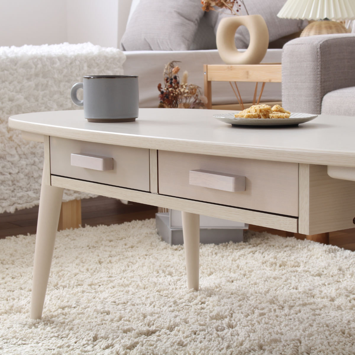 岩附 センターテーブル 幅110cm 木製 オーバル 引き出し （ テーブル