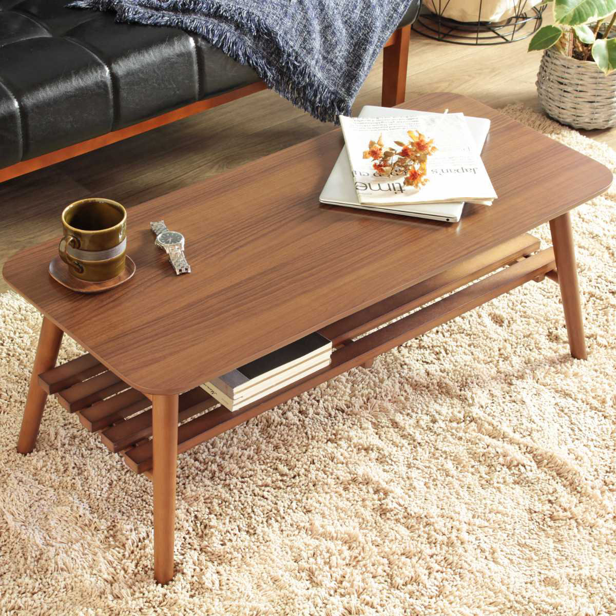 折りたたみ ロー センター サイド リビング テーブル 机 木目 ブラウン 岩附 センターテーブル 幅90cm 折りたたみ ラック付き 木製