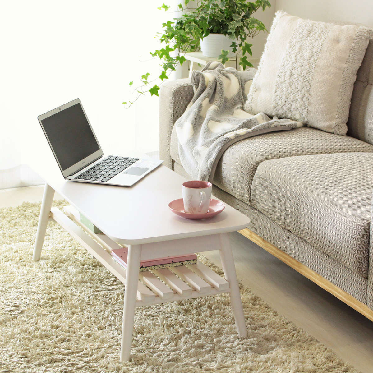 岩附 センターテーブル 幅90cm 折りたたみ ラック付き 木製