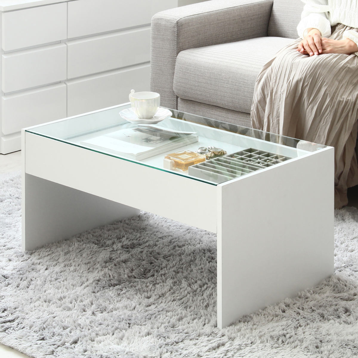 岩附 ガラステーブル 幅74cm 引き出し ディスプレイ （ テーブル