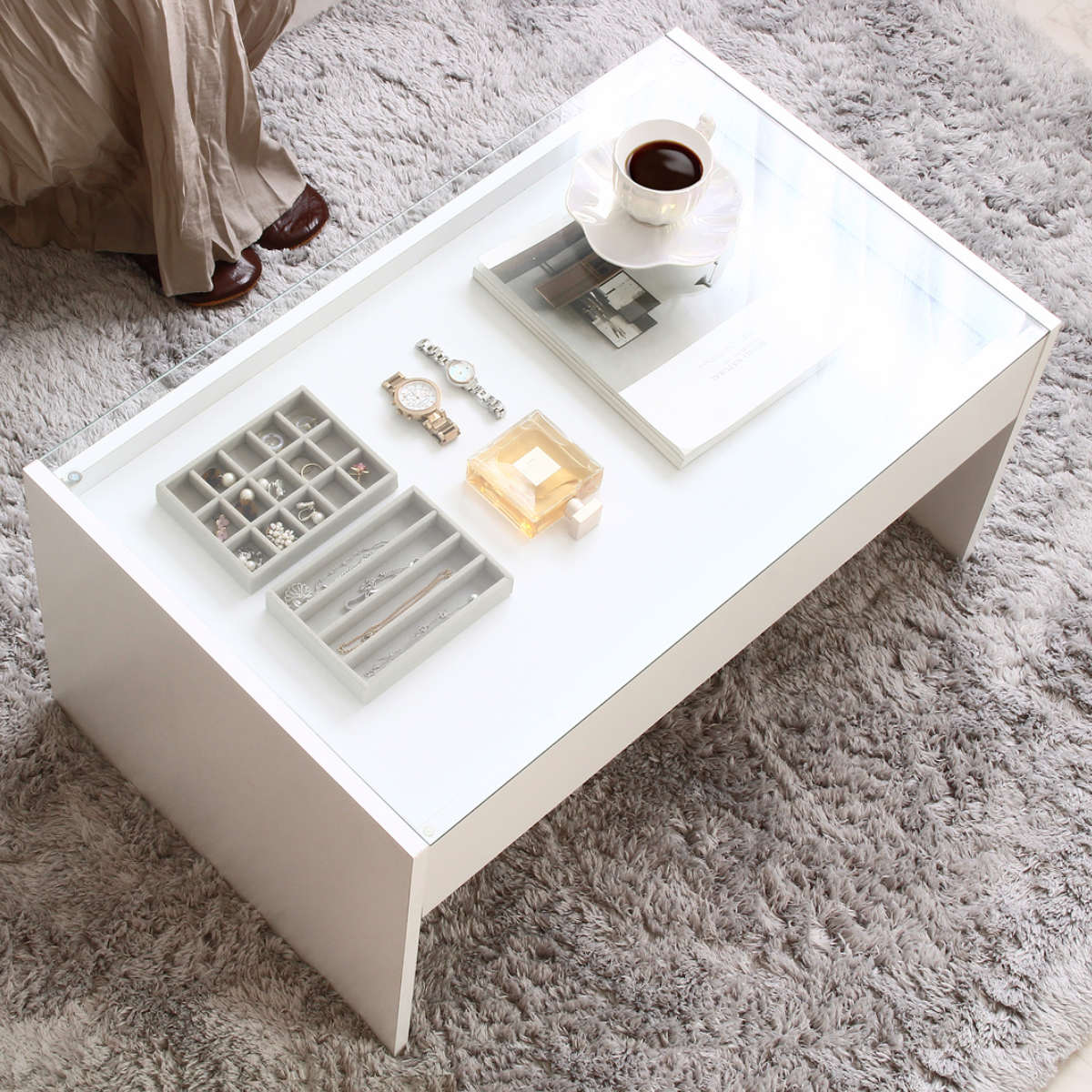 岩附 ガラステーブル 幅74cm 引き出し ディスプレイ （ テーブル