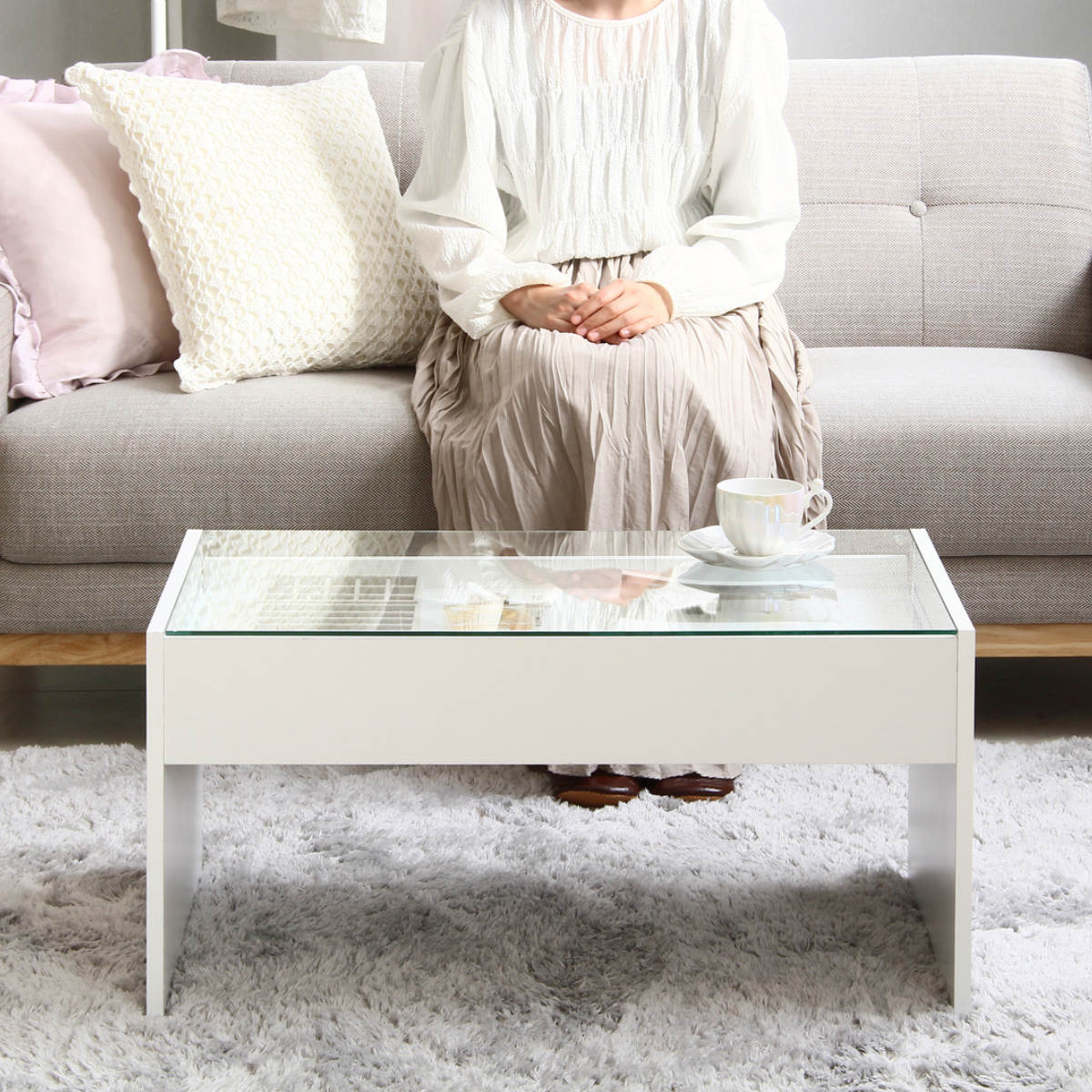 岩附 ガラステーブル 幅74cm 引き出し ディスプレイ （ テーブル