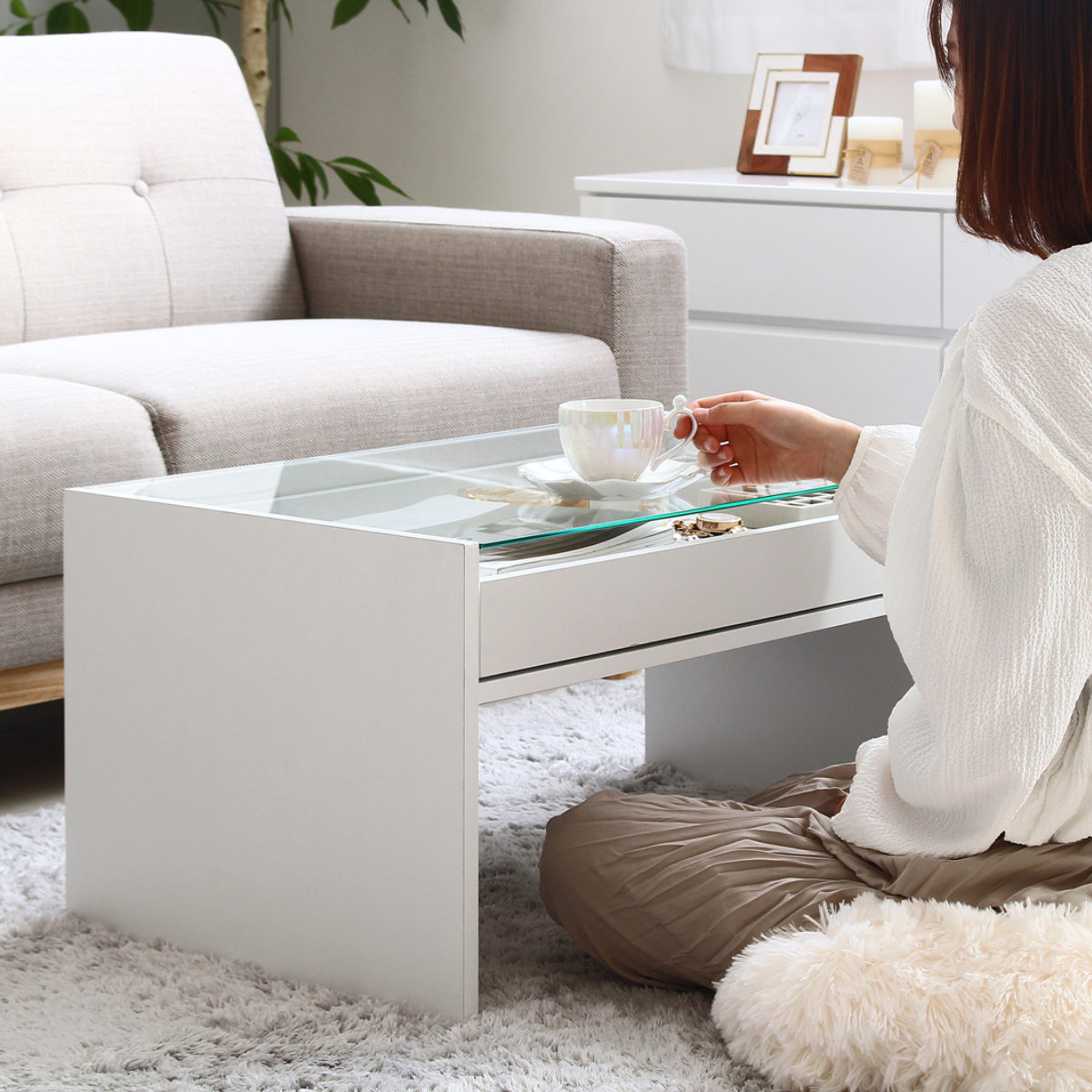 岩附 ガラステーブル 幅74cm 引き出し ディスプレイ （ テーブル