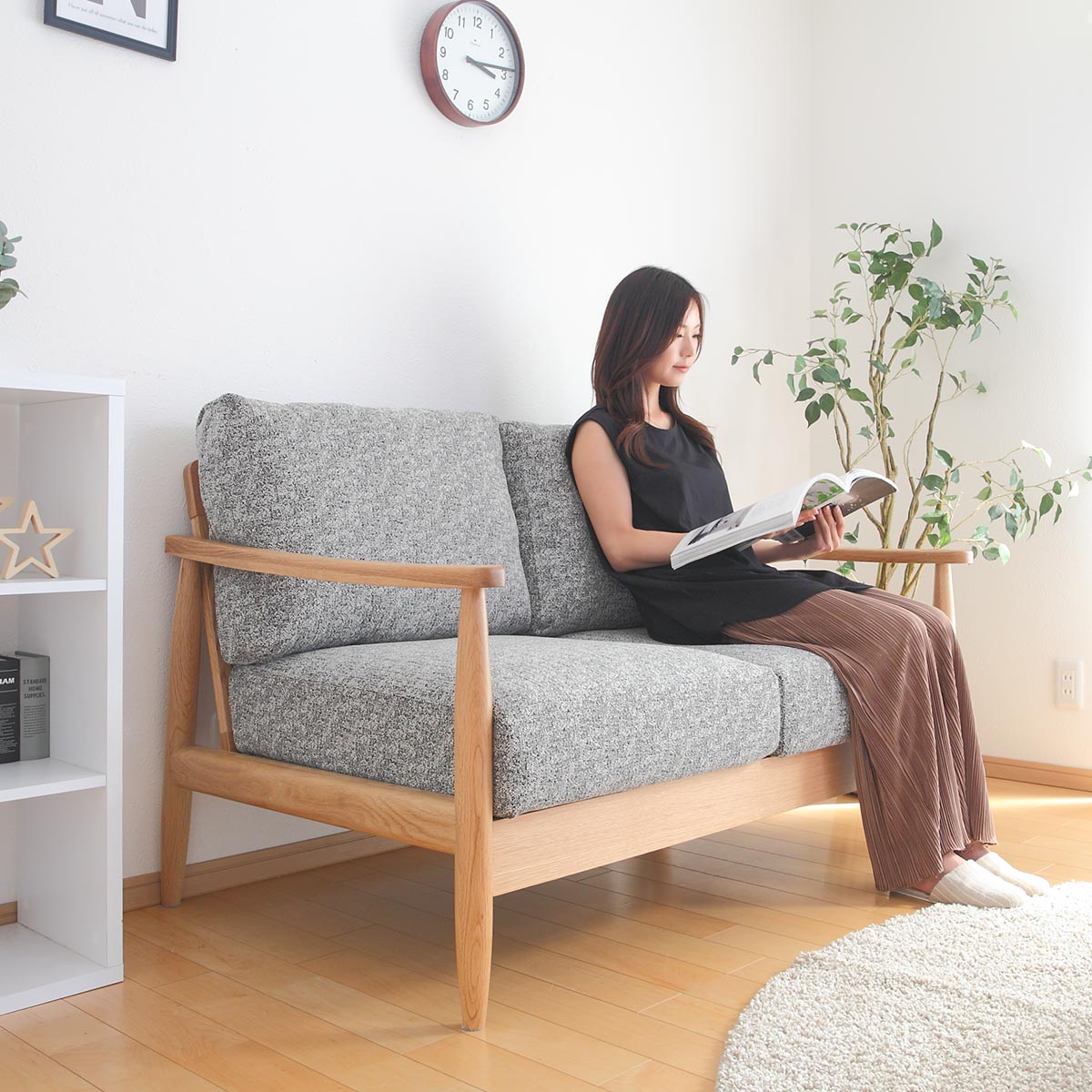 ソファー 2人掛け 幅113cm ファブリック かんたん組立 天然木 グレー ソファー 2人掛け 幅113cm ファブリック かんたん組立 天然木 グレー