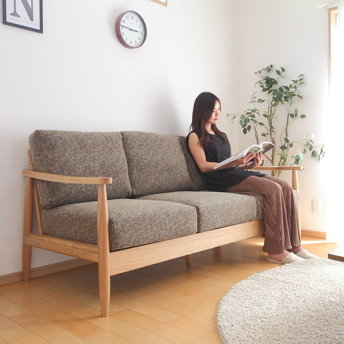 ソファ 三人掛け 幅181cm 木製 洗えるカバー ファブリック （ 開梱設置