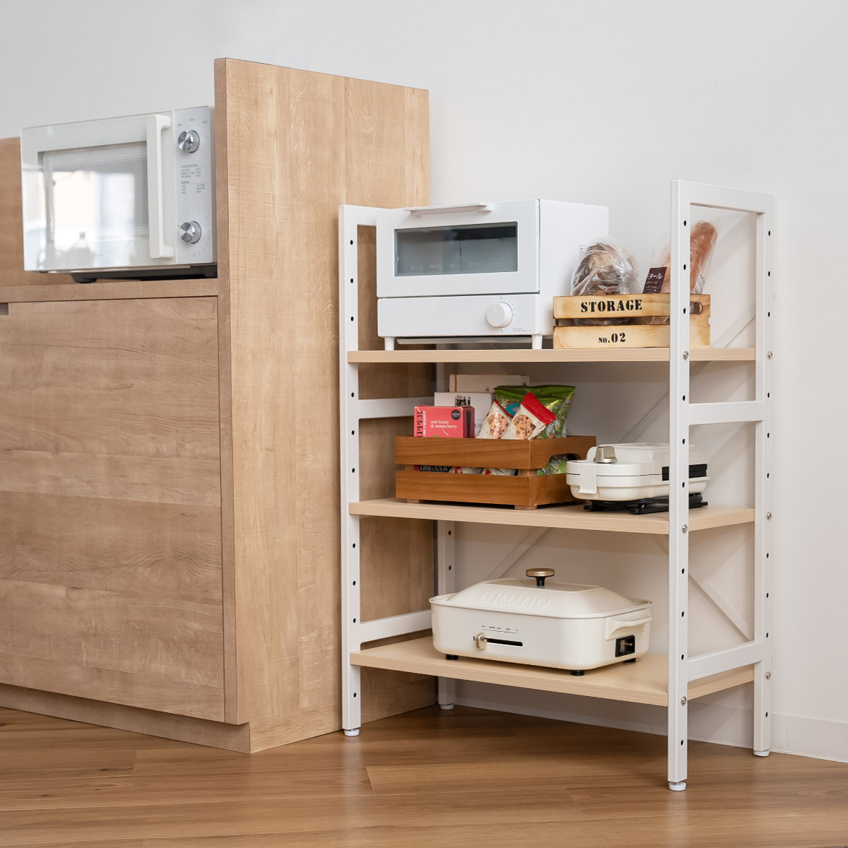 キッチンラック 3段 幅62cm レンジ台 メラミン スチールフレーム