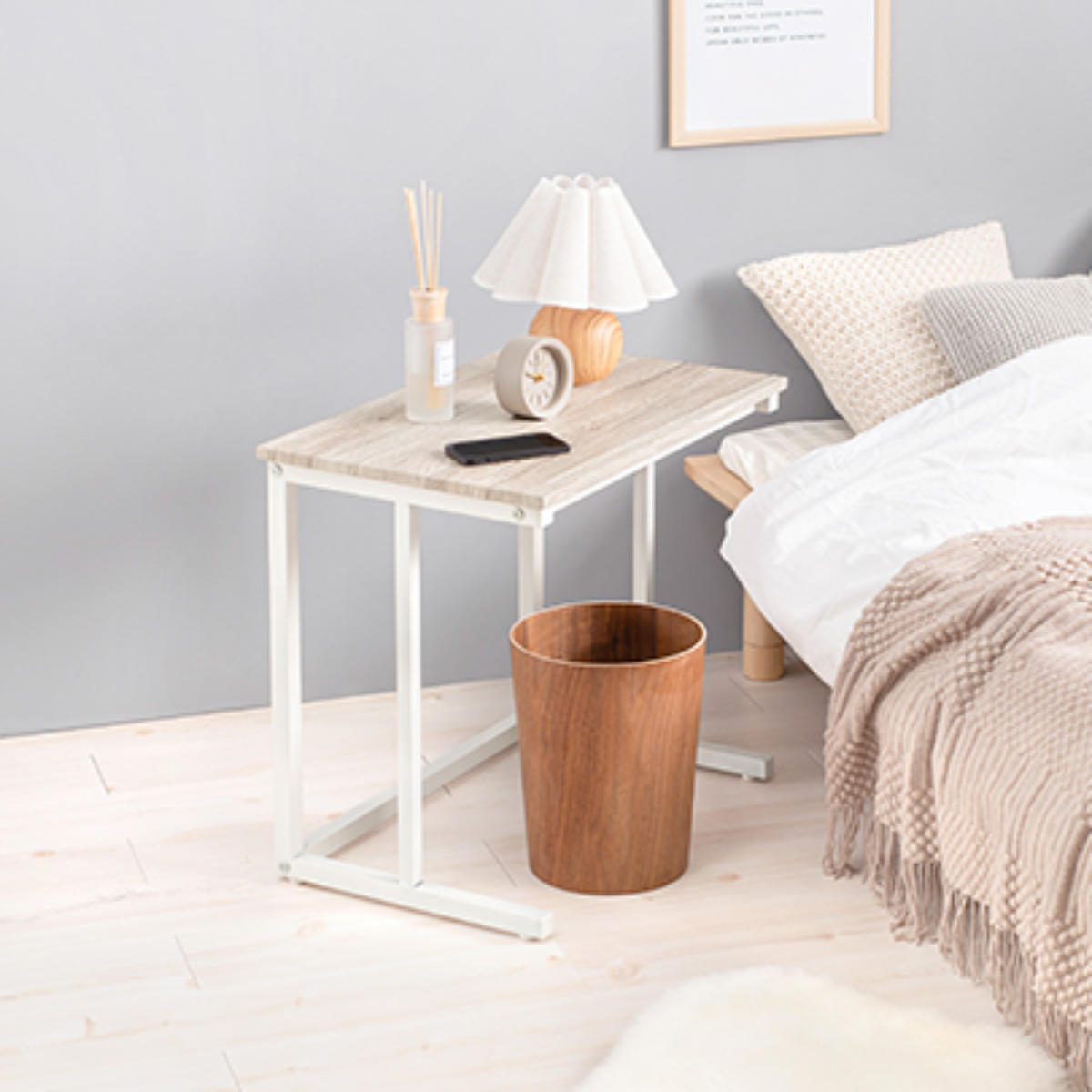 HAGiHARA（萩原） サイドテーブル 幅広 幅60cm 木目調 コの字