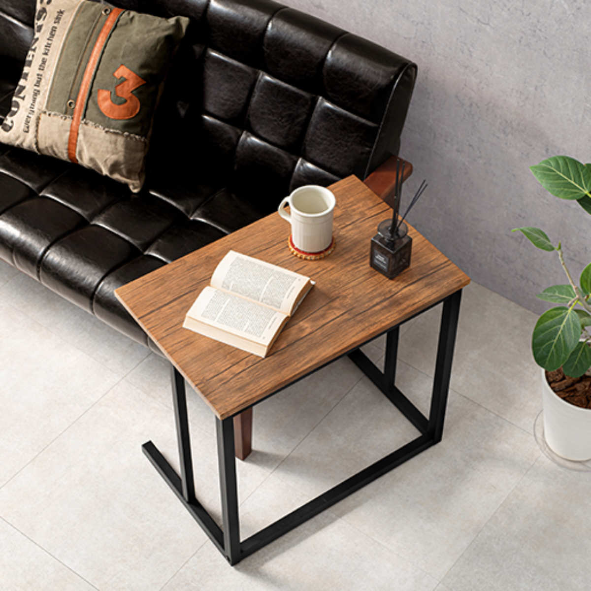 HAGiHARA（萩原） サイドテーブル 幅広 幅60cm 木目調 コの字