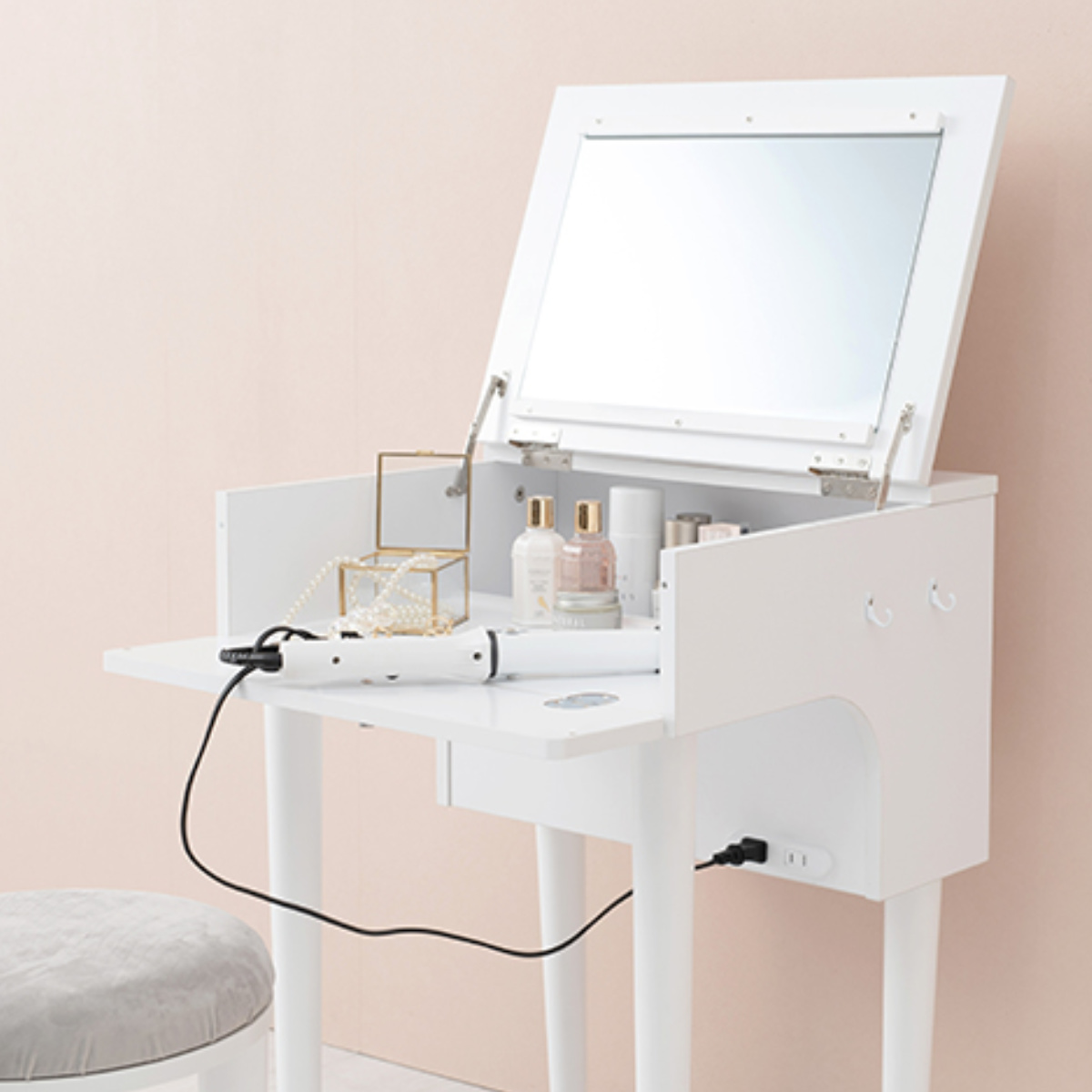 HAGiHARA（萩原） ドレッサー スツール セット 幅50cm コンセント 木製