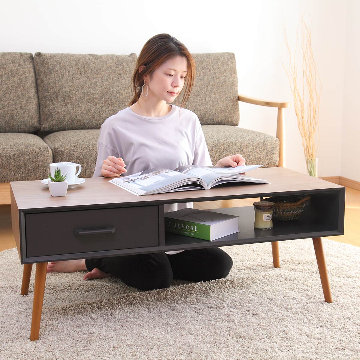 HAGiHARA（萩原） センターテーブル 幅100cm 天然木突板 引き出し