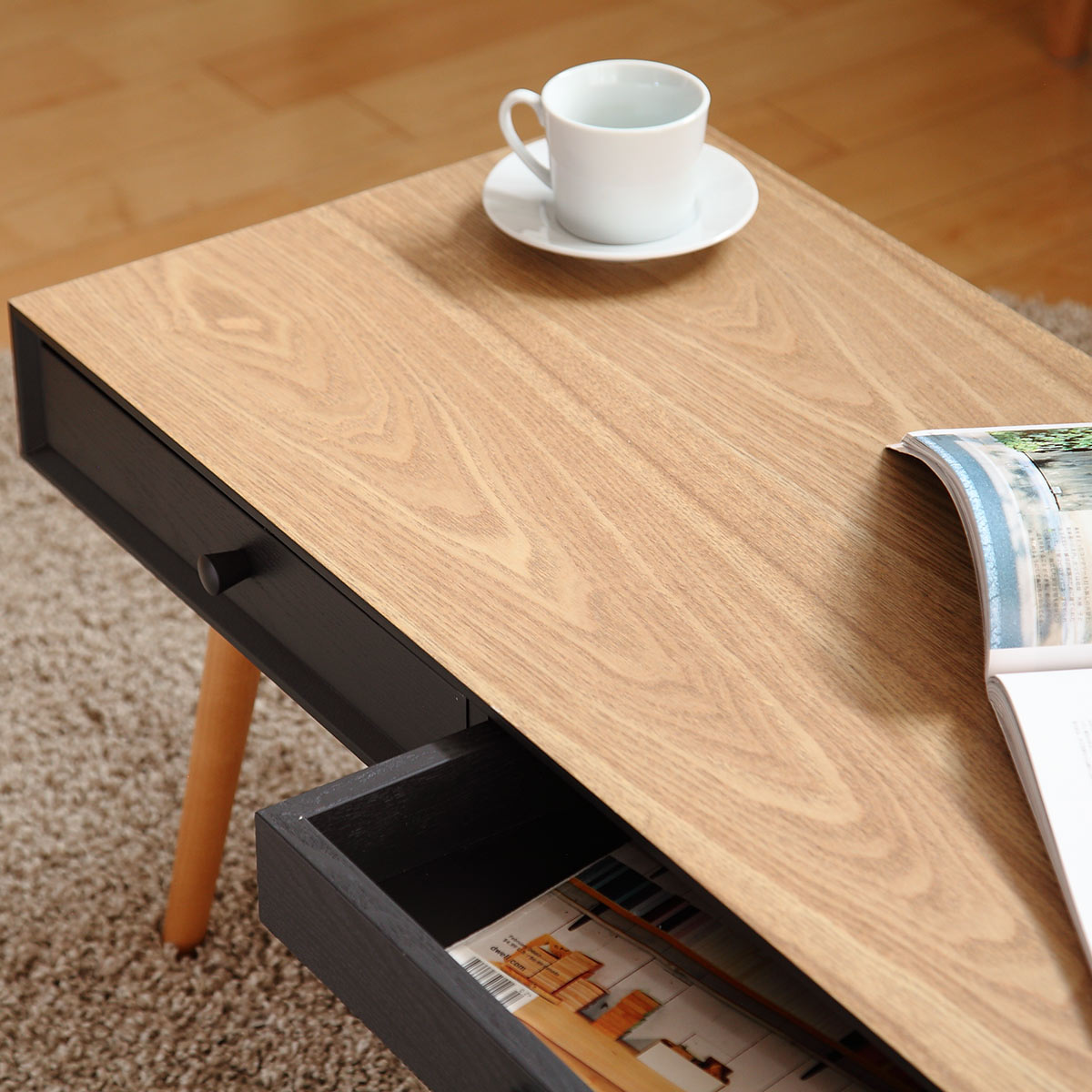 HAGiHARA（萩原） センターテーブル 幅80cm 天然木突板 引き出し