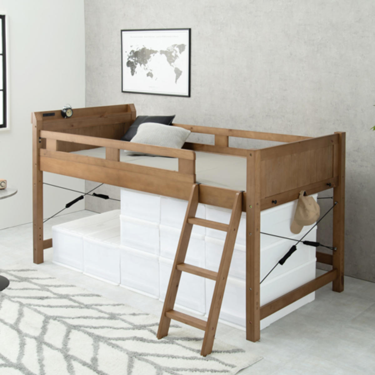 HAGiHARA（萩原） ロフトベッド ベッド下76.5cm 木製 2口コンセント