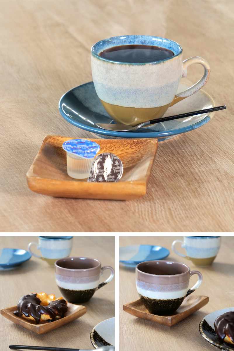マグカップ＆ソーサー 320ml ペア トレー付き 陶器 木製 （ 食洗機対応