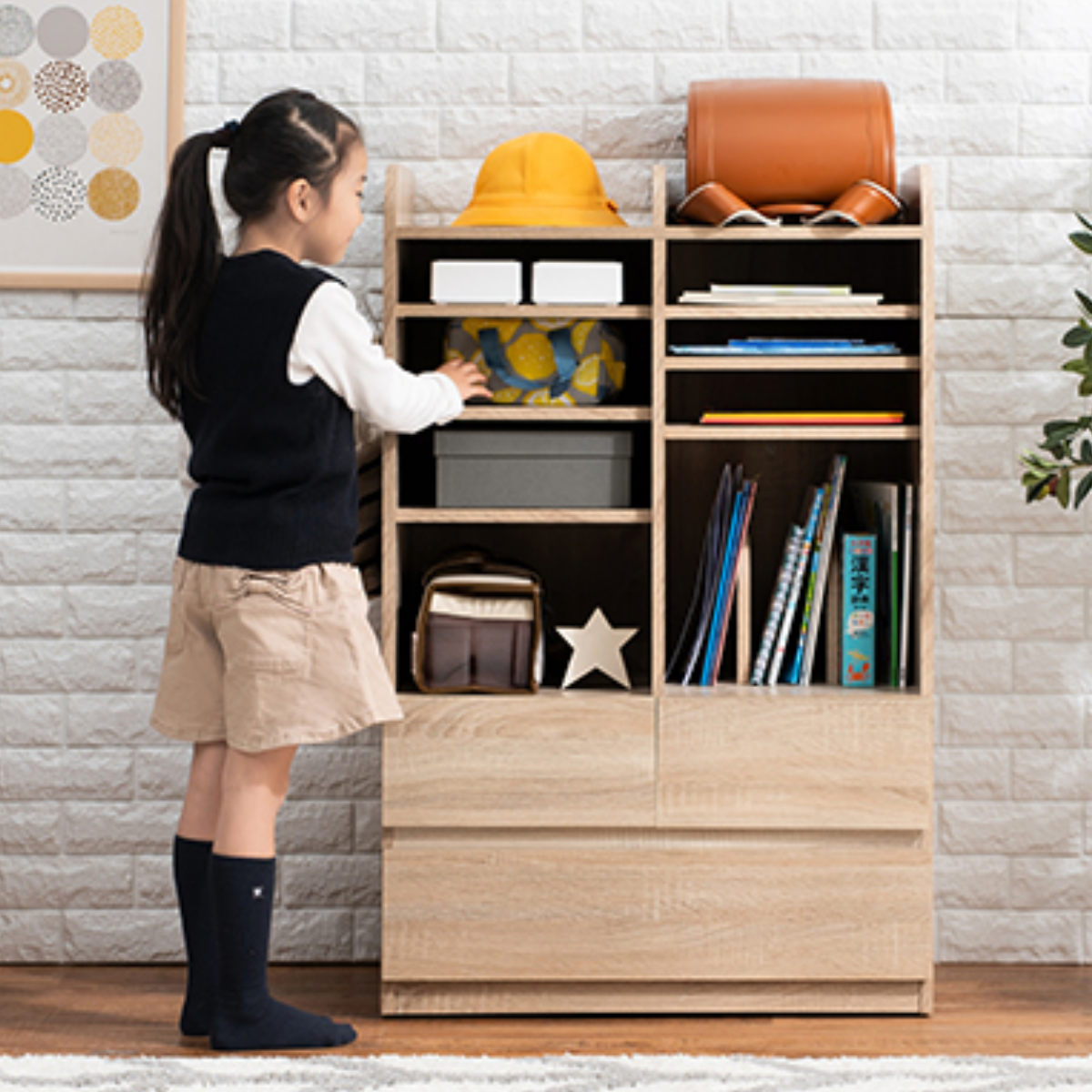 ランドセルラック(子供部屋家具/収納棚) 幅68.5cm 木製 引き出し収納付き HAGiHARA（萩原） ランドセルラック 幅68.5cm 大容量タイプ 引き出し