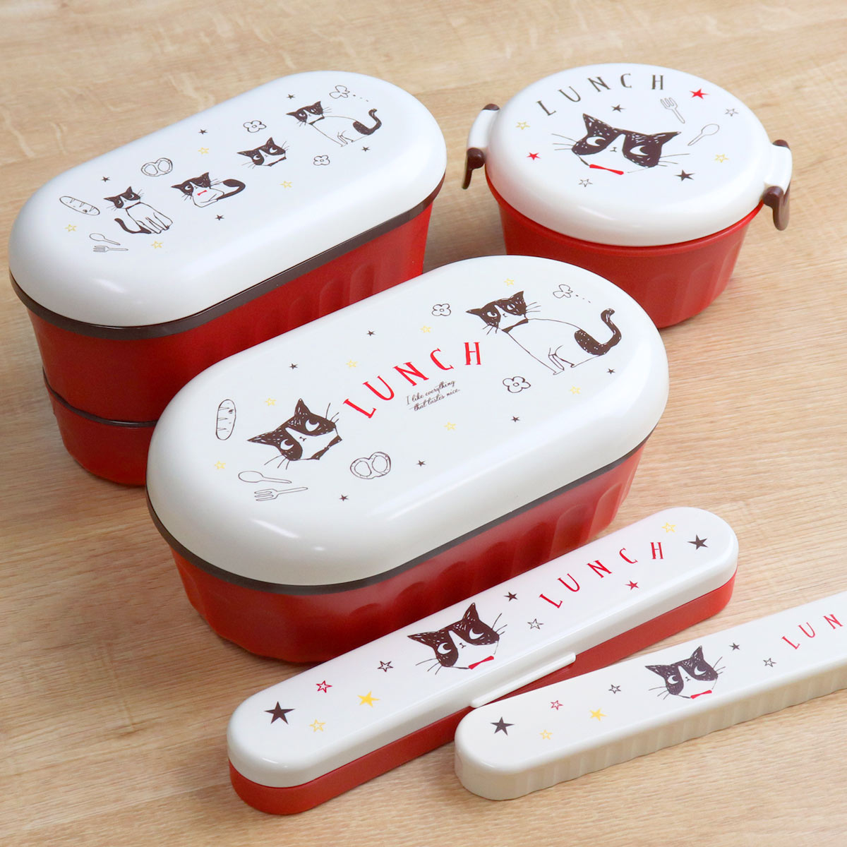 ナカノ 箸箱セット 19.5cm ハッピーキャット レッド （ 箸 箸箱
