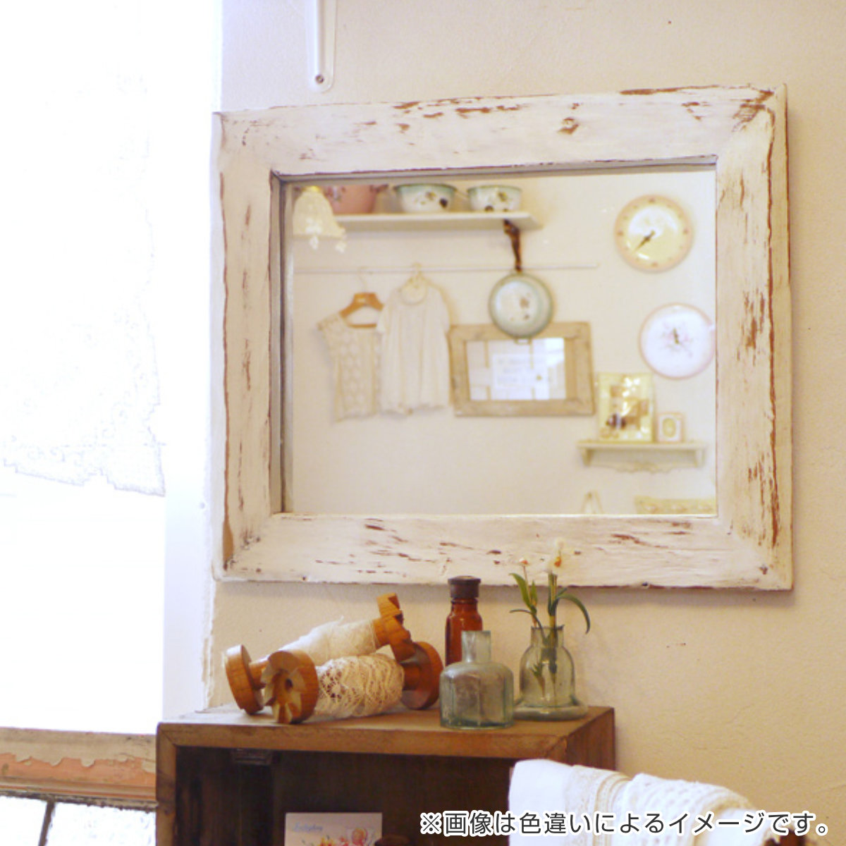ミラー 幅33cm 廃材 ウッドミラー 木製 （ 鏡 壁掛 Lサイズ