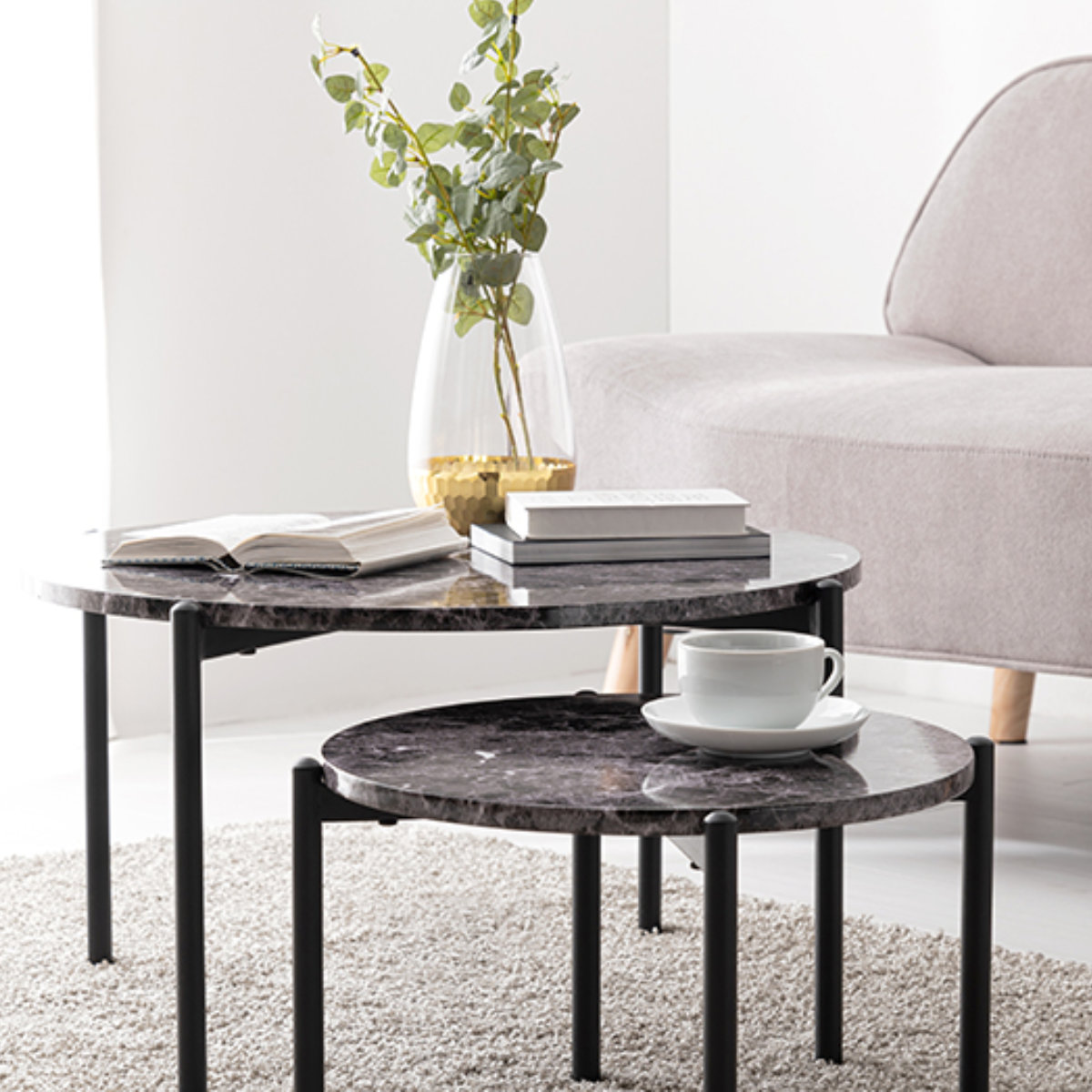 HAGiHARA（萩原） ネストテーブル 大理石調 丸型 （ 2個セット 丸