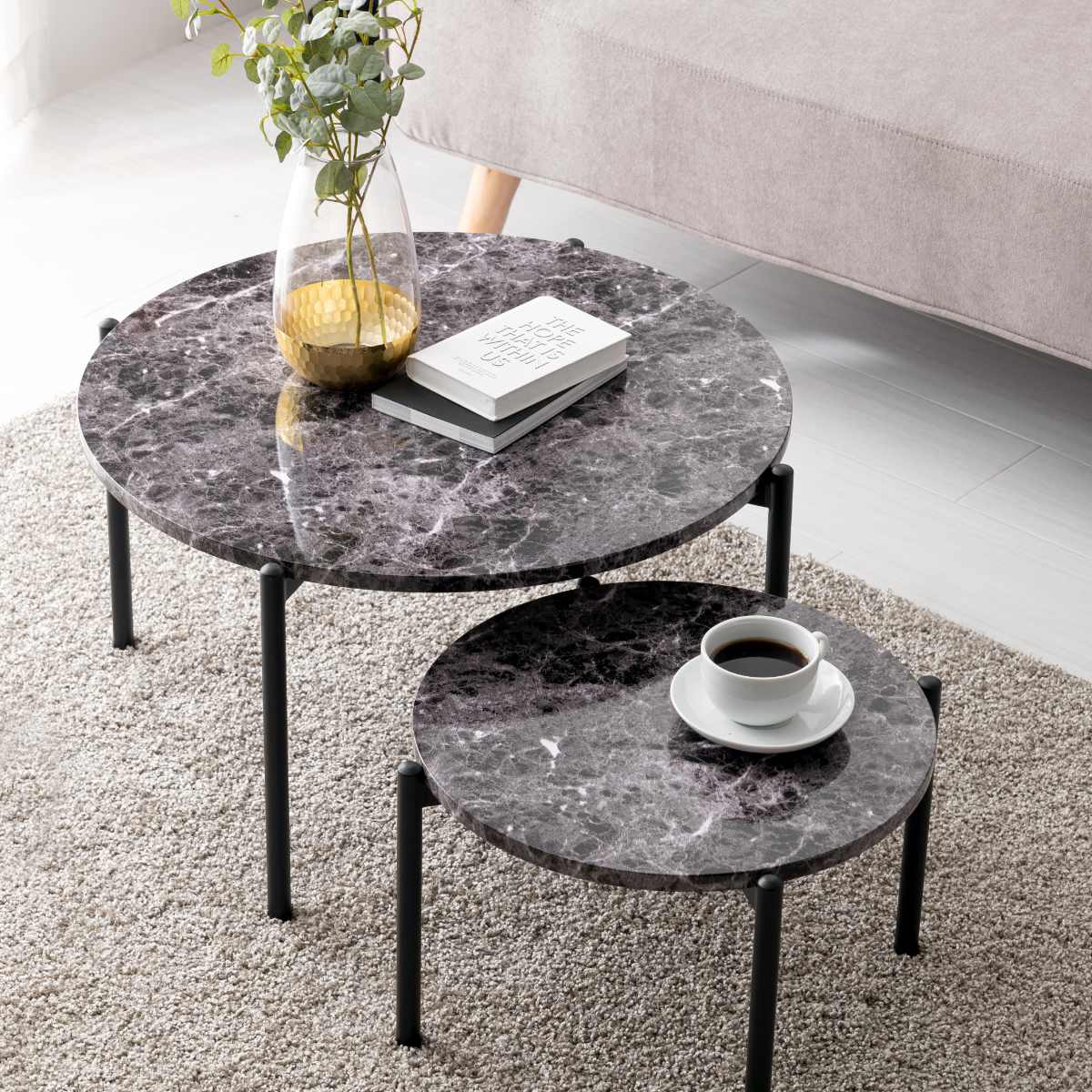 HAGiHARA（萩原） ネストテーブル 大理石調 丸型 （ 2個セット 丸