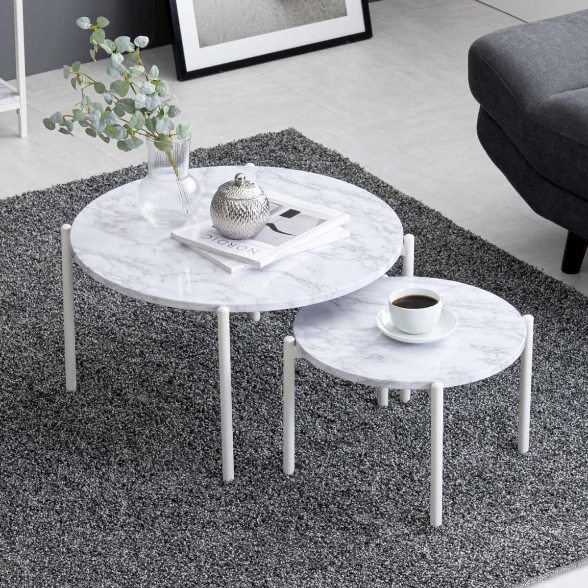 HAGiHARA（萩原） ネストテーブル 大理石調 丸型 （ 2個セット 丸