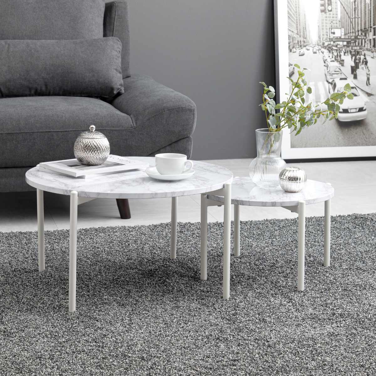 HAGiHARA（萩原） ネストテーブル 大理石調 丸型 （ 2個セット 丸