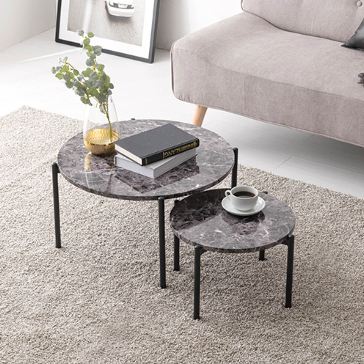 HAGiHARA（萩原） ネストテーブル 大理石調 丸型 （ 2個セット 丸