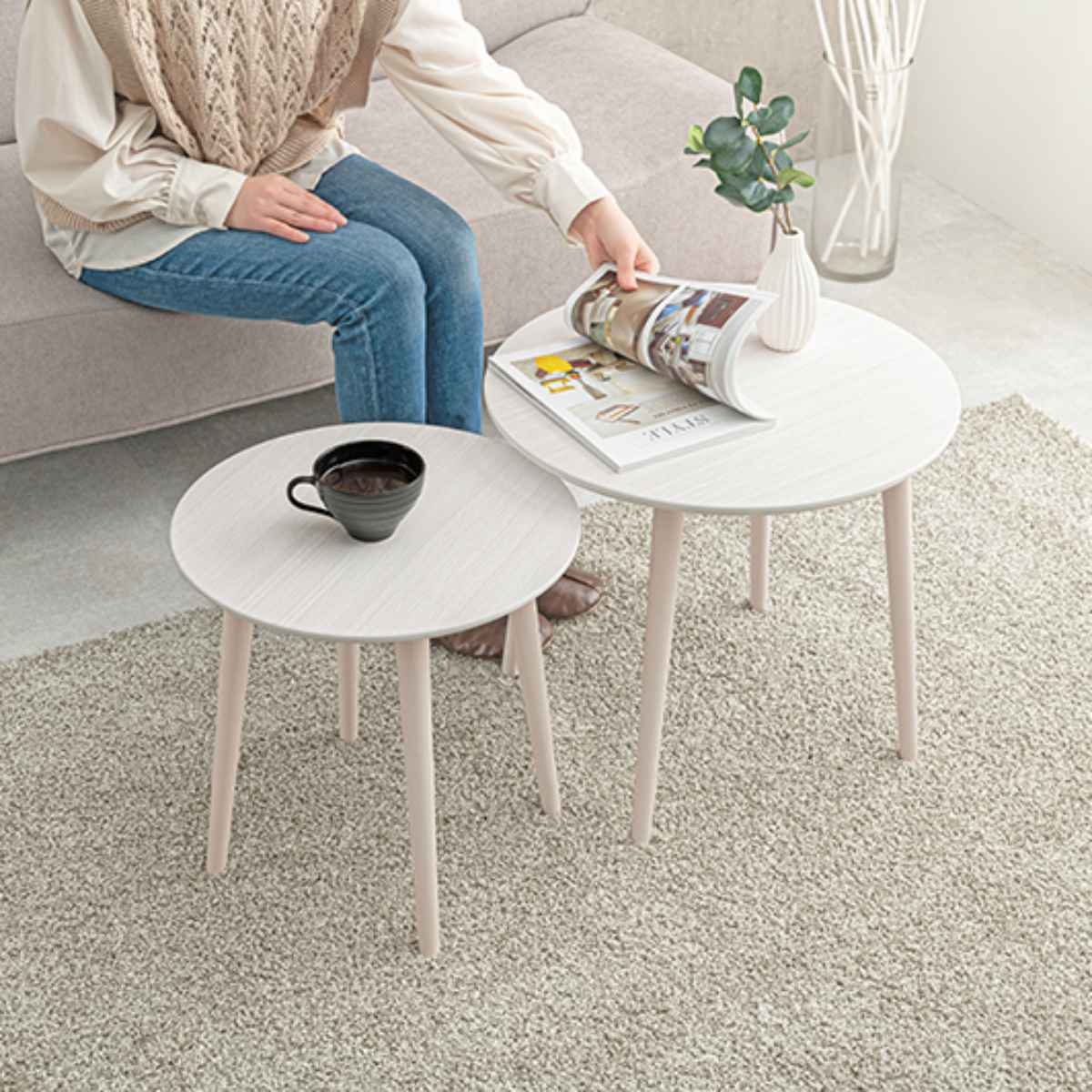 木製丸型サイドテーブル 2点セット HAGiHARA（萩原） サイドテーブル 2個セット 円形 木目調 （ 丸