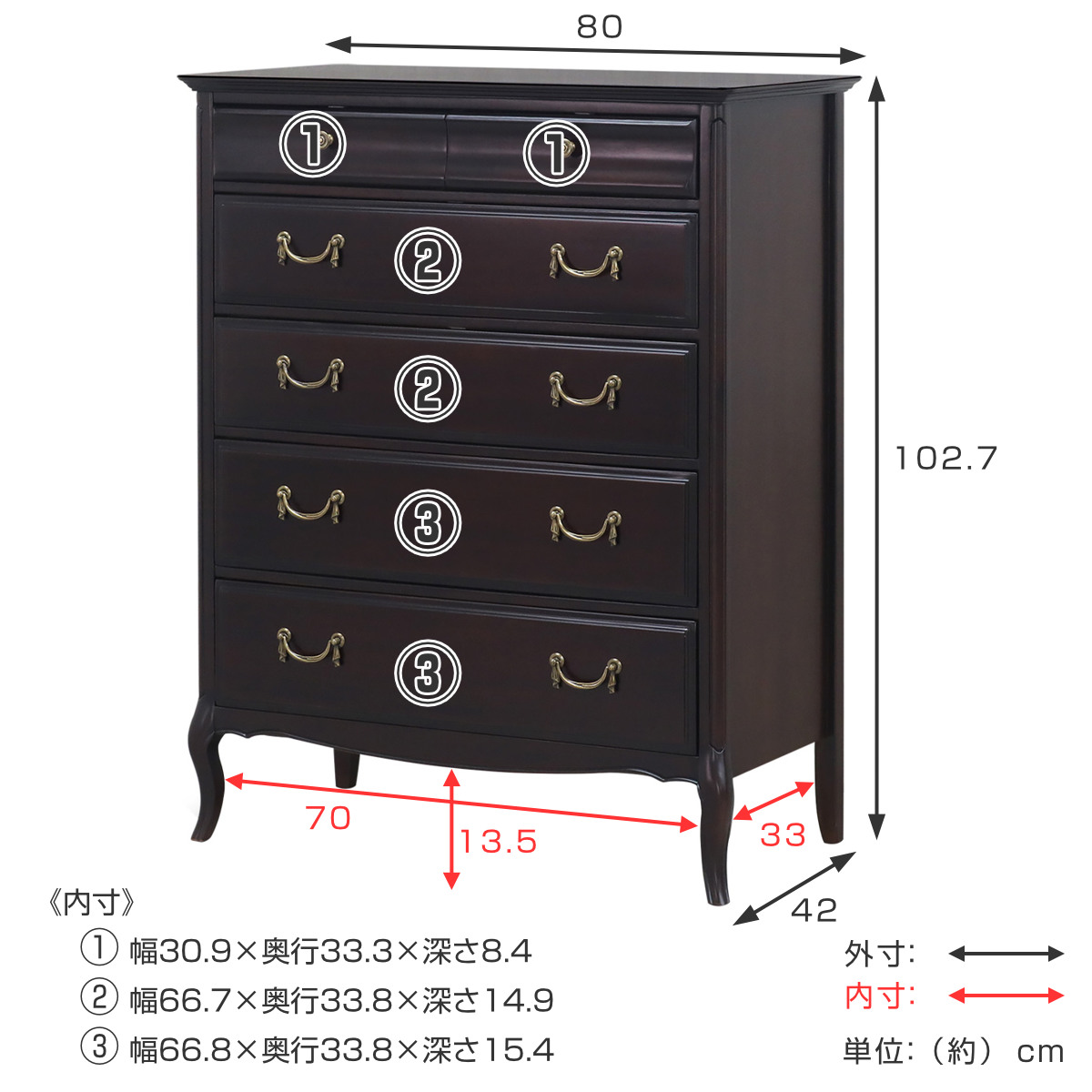 東海家具工業 チェスト 5段 クラシック調 猫脚 ミラーナ 幅80cm （ 開