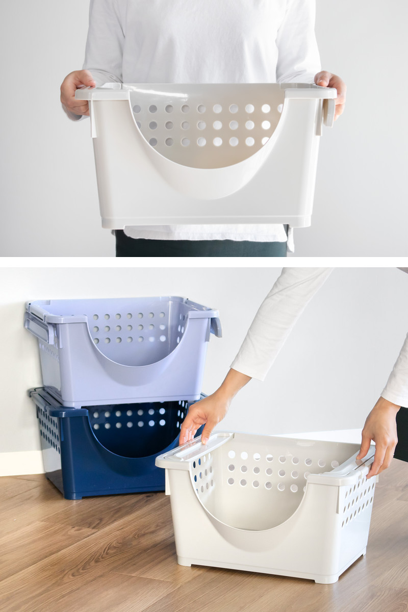 平和工業 収納バスケット スタッキングバスケット浅型 前開き 同色3個