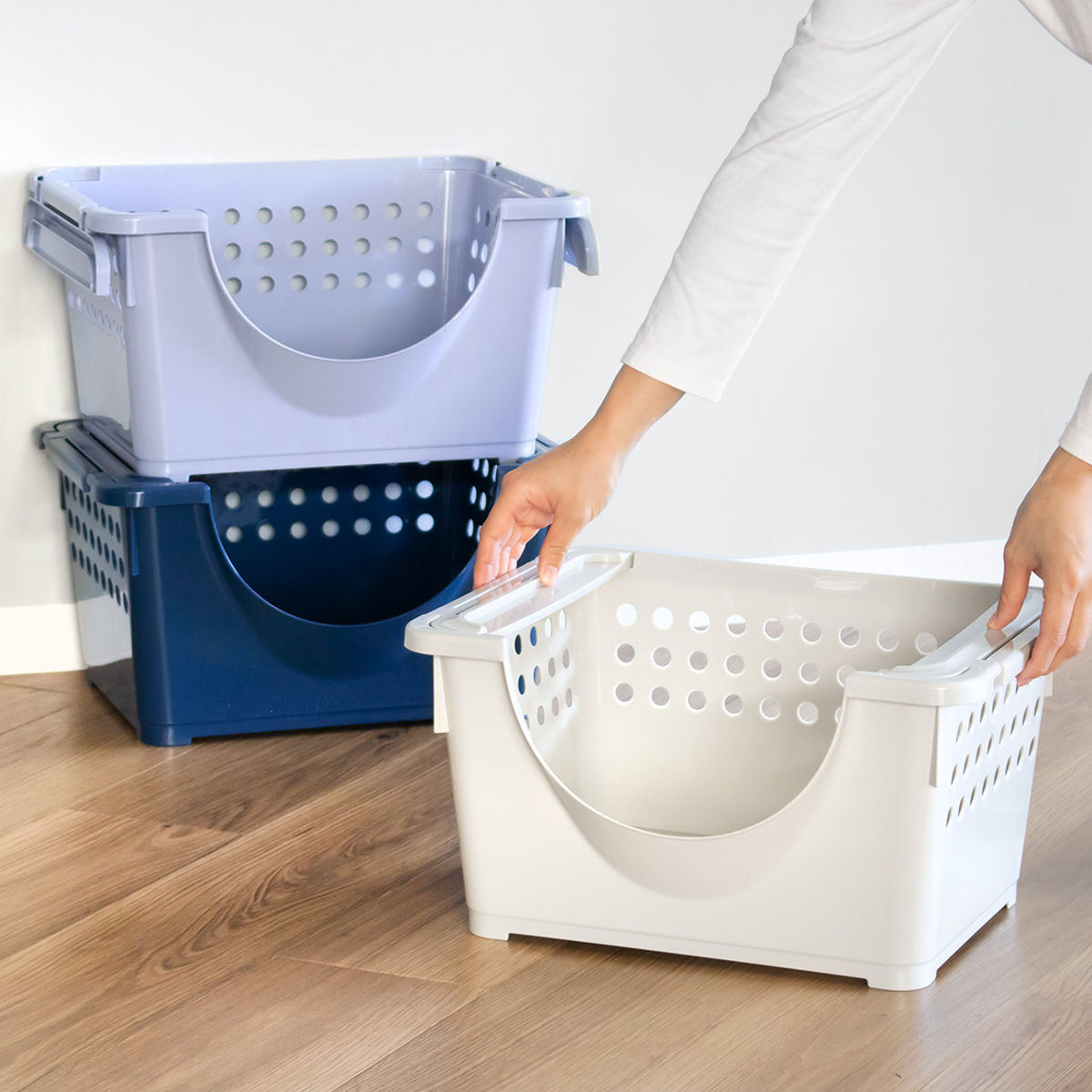 平和工業 収納バスケット スタッキングバスケット浅型 前開き 同色3個